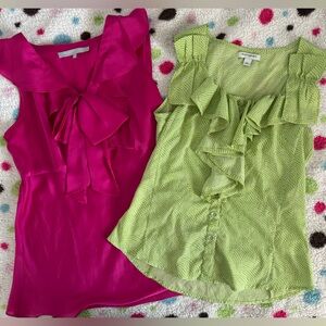 Pink satin and Green patterned Sleeveless Blouses